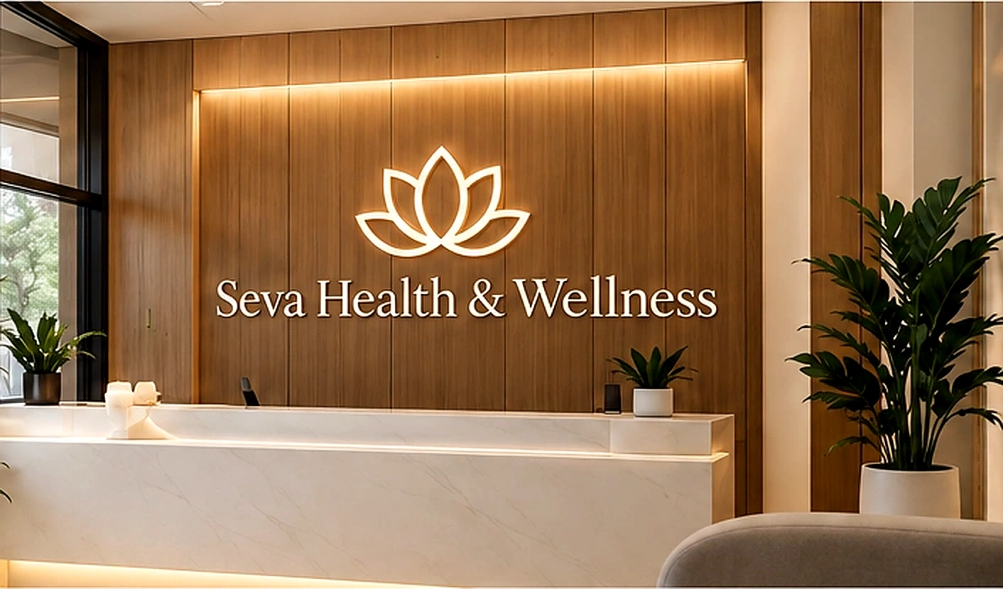 Concept rendering of Seva Health & Wellness reception featuring the lotus wall sign